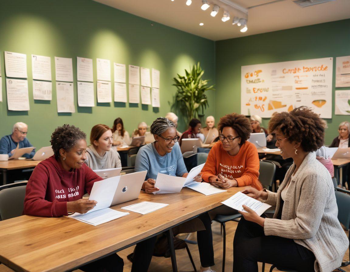 A diverse group of people of different ages and backgrounds gathered in a warm, inviting community space, sharing stories and resources about cancer care. They hold pamphlets and laptops, symbolizing advocacy, support, and community engagement. Soft, natural lighting enhances a sense of hope and togetherness, with plants and supportive messages on the walls. super-realistic. vibrant colors. warm atmosphere.