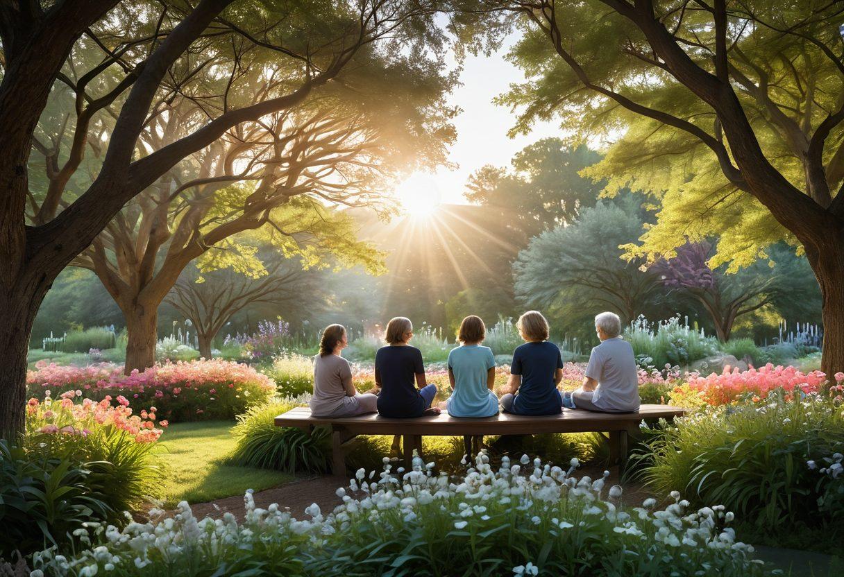 A serene landscape depicting a sunrise over a tranquil healing garden, incorporating elements of oncology like gentle silhouettes of cancer ribbons intertwined with vibrant, blooming flowers. In the foreground, a diverse group of individuals, engaged in supportive conversation, symbolize community and empowerment. Soft light filters through the trees, creating a hopeful atmosphere. The scene balances the themes of resilience, health, and holistic wellness. super-realistic. vibrant colors. serene ambiance.