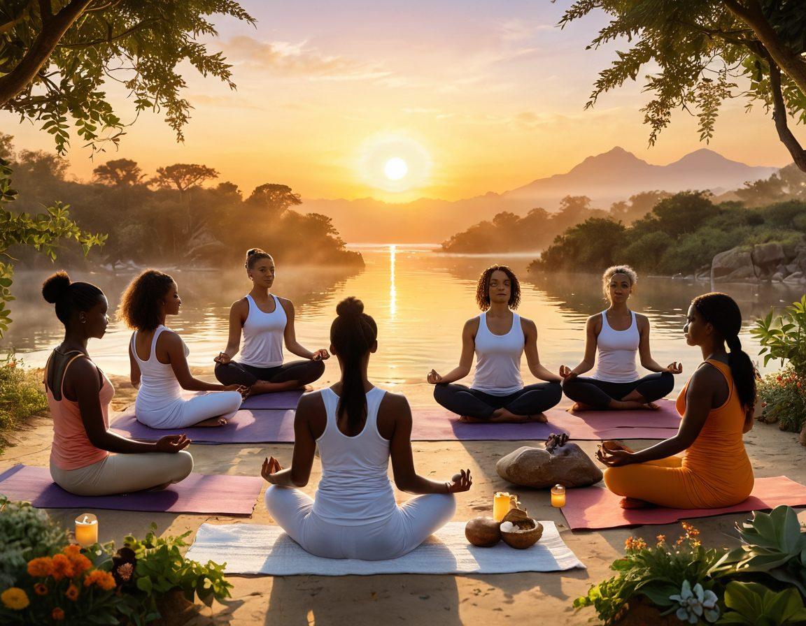 A serene scene depicting a diverse group of individuals celebrating their health journey, surrounded by elements symbolizing holistic practices like meditation, yoga, and nutrition. In the background, a sunrise symbolizes hope and empowerment, while soft, warm colors create a welcoming atmosphere. Include symbols of nature like plants and sunlight to enhance the theme of wellbeing. vibrant colors. super-realistic.